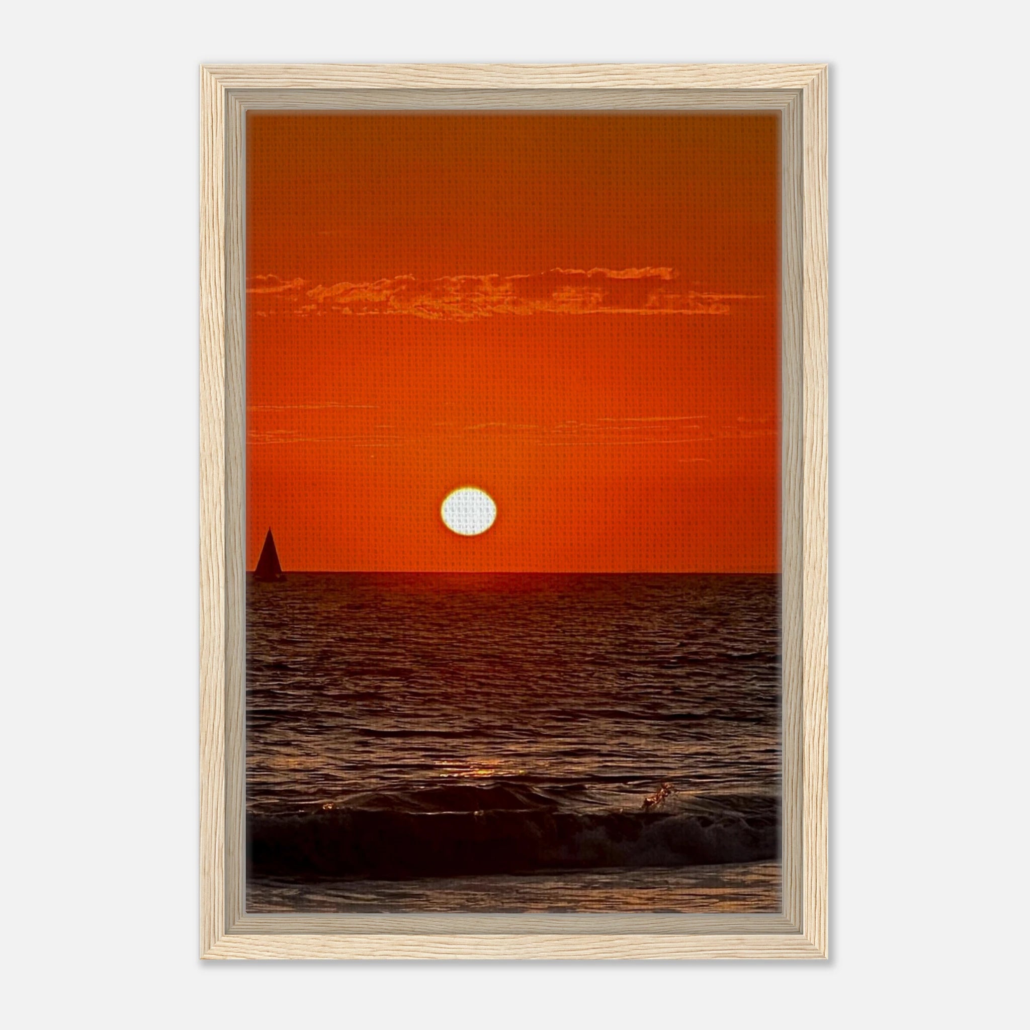 Framed canvas print of California Red Sunset Series 1/3 by CaliCuration featuring vibrant red sunset hues in a studio edition.