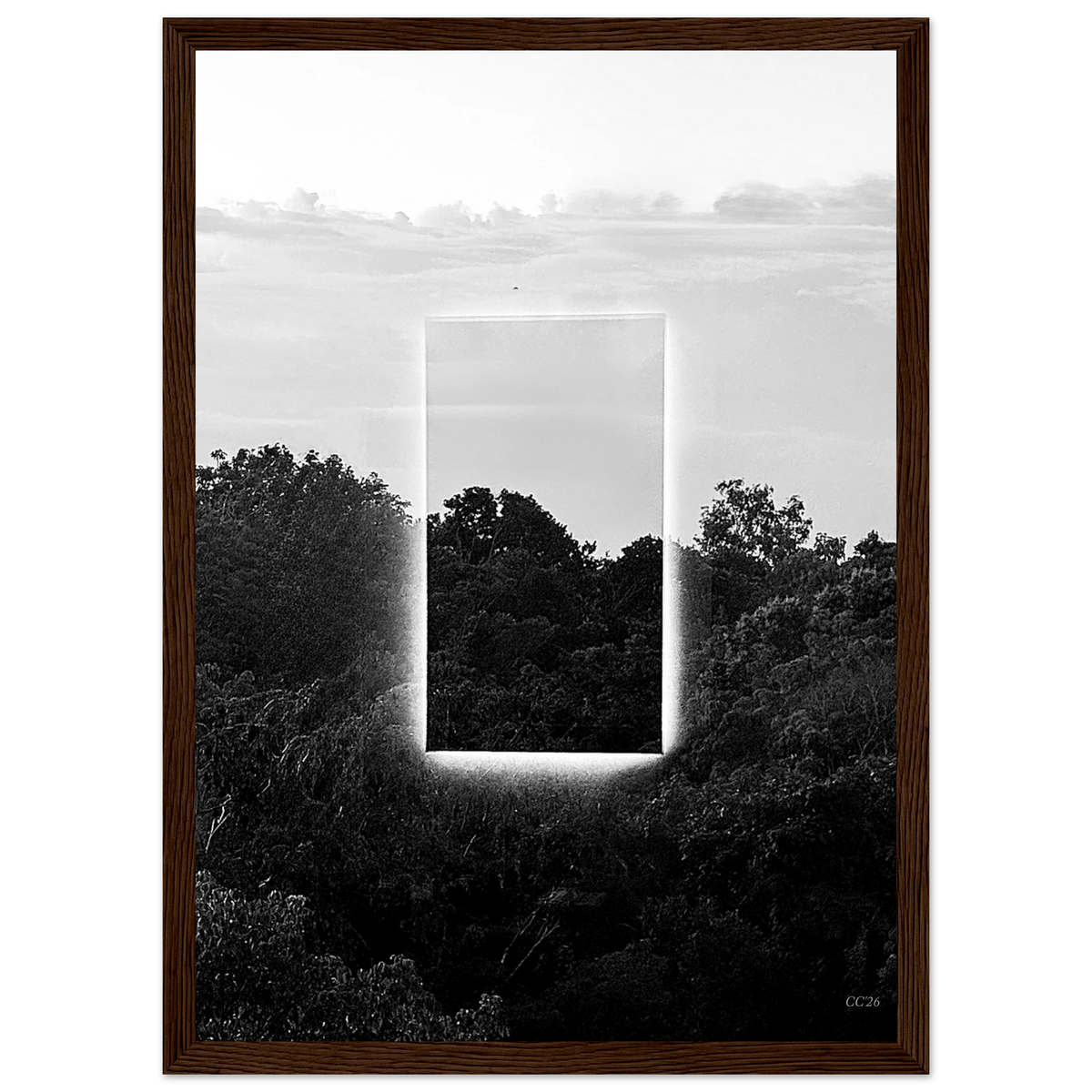 Black and white print titled "A Window into Jungle Stillness" by CaliCuration, showcasing a serene jungle scene in a framed artwork.