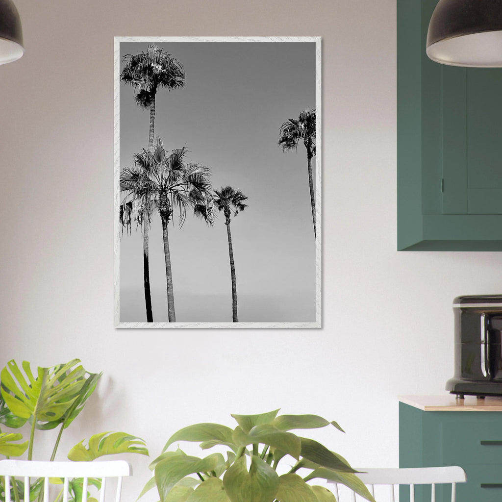 Premium wooden framed poster featuring black and white California beach icons from My Store's Holiday 25 edition.