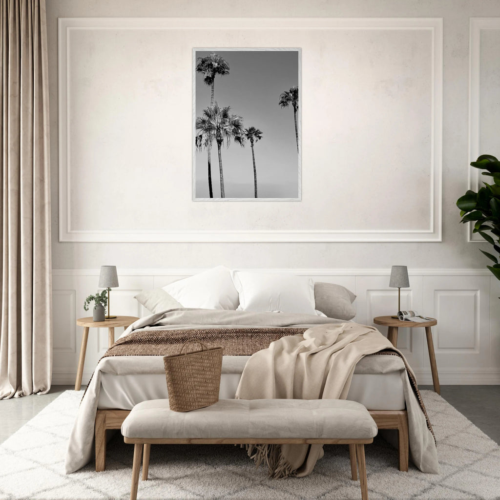 Premium wooden framed poster featuring black and white SoCal beach icons artwork in semi-gloss finish.