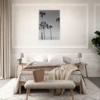 Premium wooden framed poster featuring black and white SoCal beach icons artwork in semi-gloss finish.