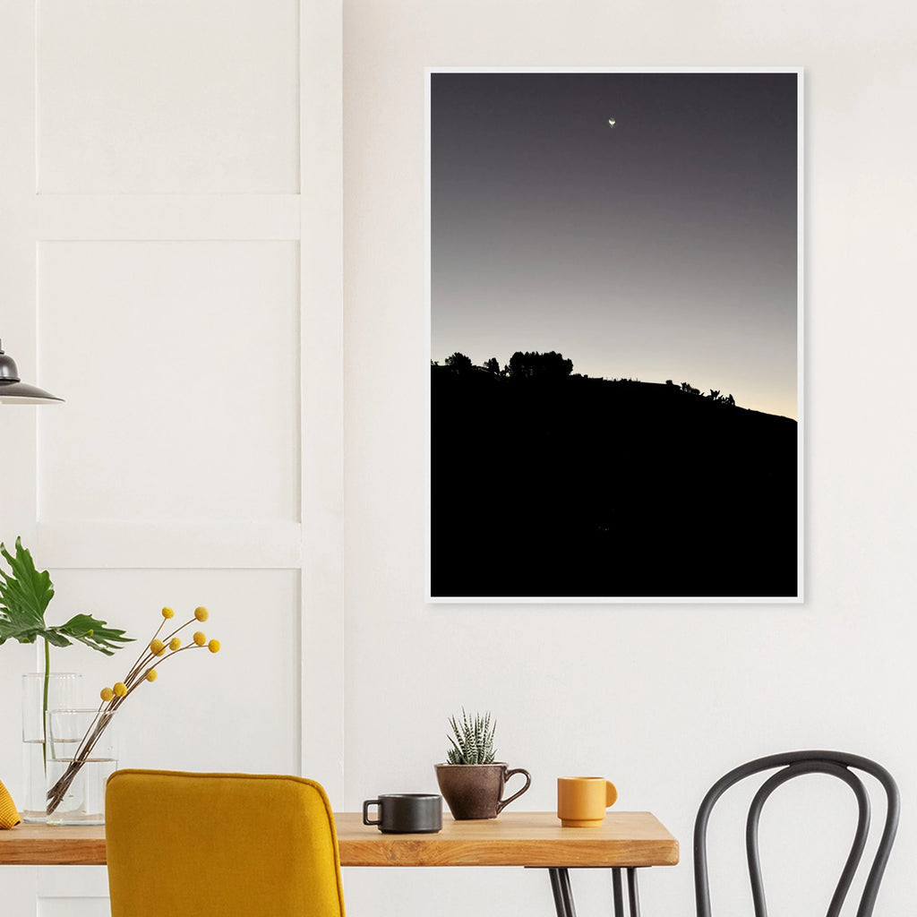 Wooden framed semi-glossy poster featuring a black and white Hollywood Hills moon and California scene from the Fall New Moon series.