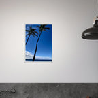 Framed Hawaii travel poster featuring iconic palm trees and Pacific waves, printed on high-quality material by CaliCuration.