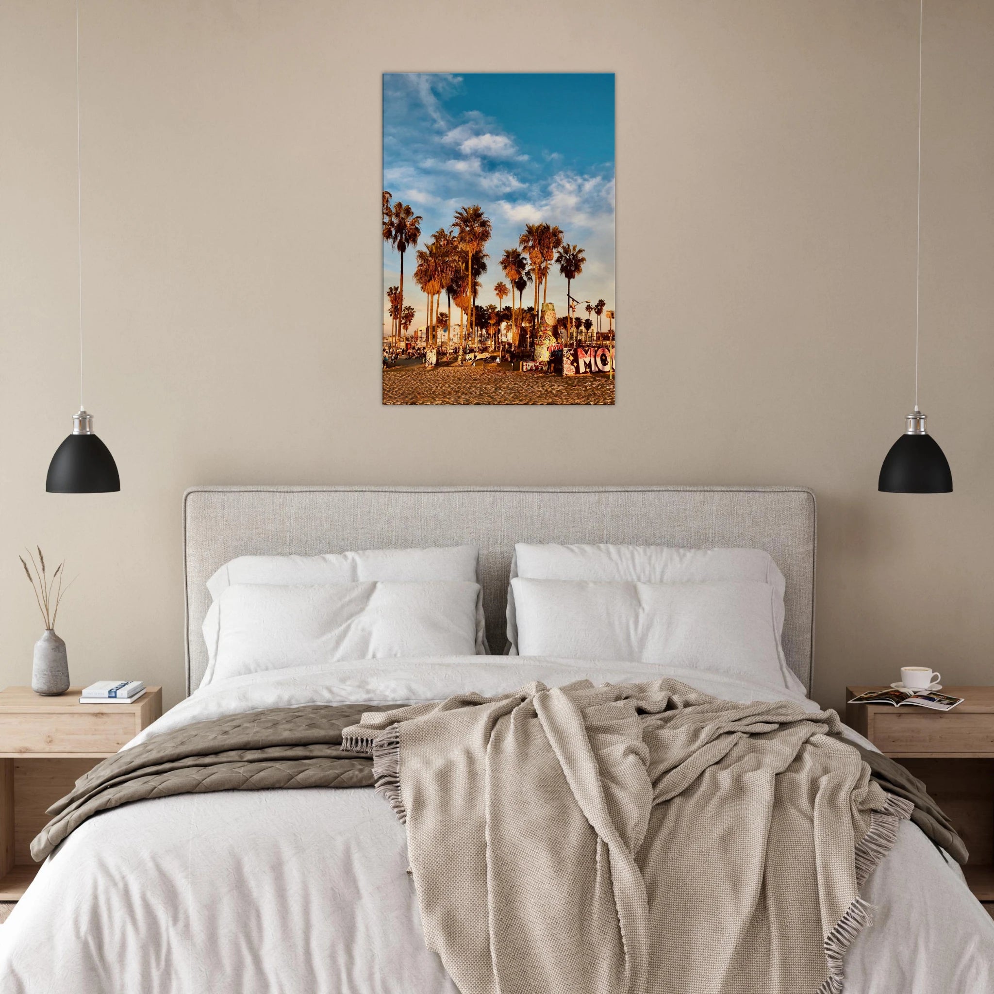 SoCal Beach canvas print featuring edgy palm trees and graffiti design, California-themed art on high-quality print material.
