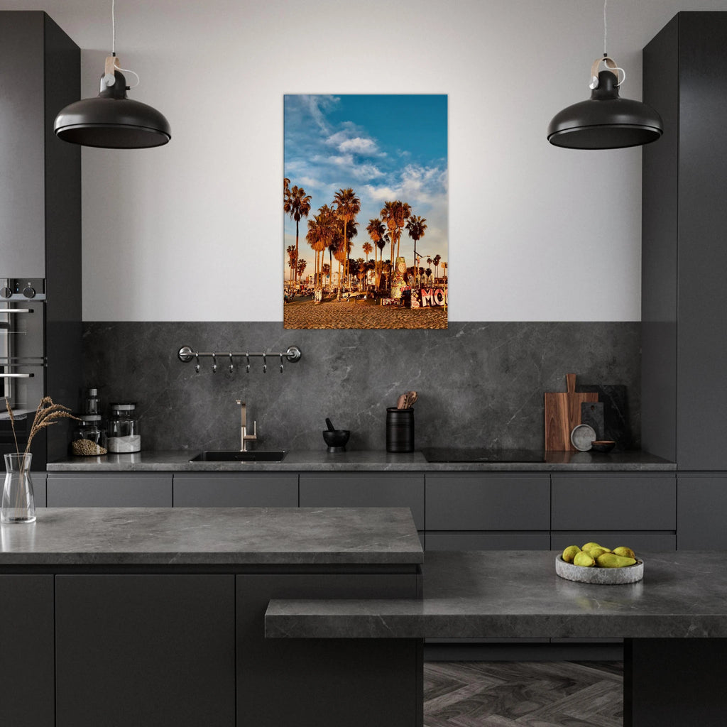 SoCal Beach canvas print featuring palm trees and graffiti-inspired California wall art on high-quality print material