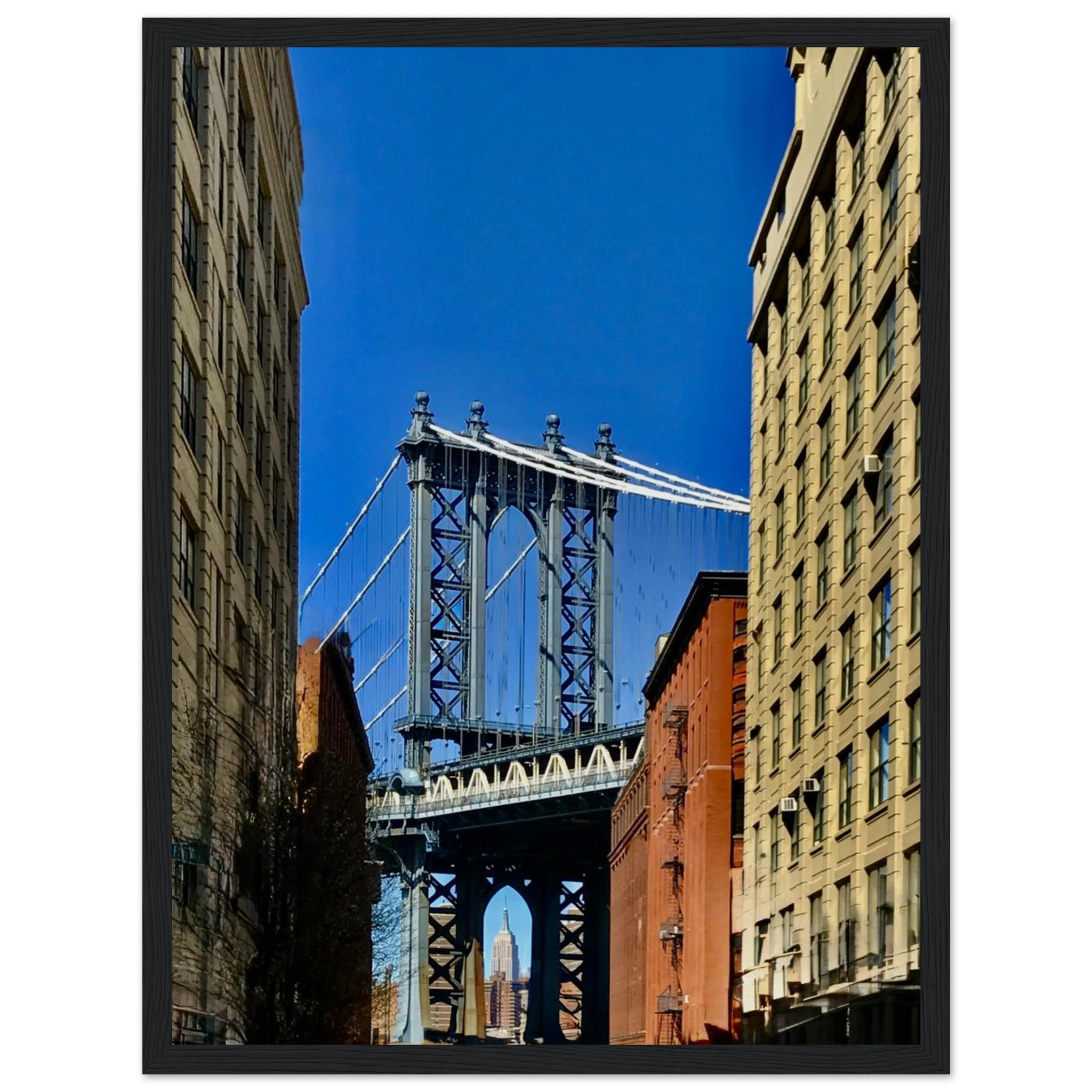 NYC Dumbo skyline wooden framed print by CaliCuration, featuring vibrant spring day cityscape wall art from the Travel Collection.