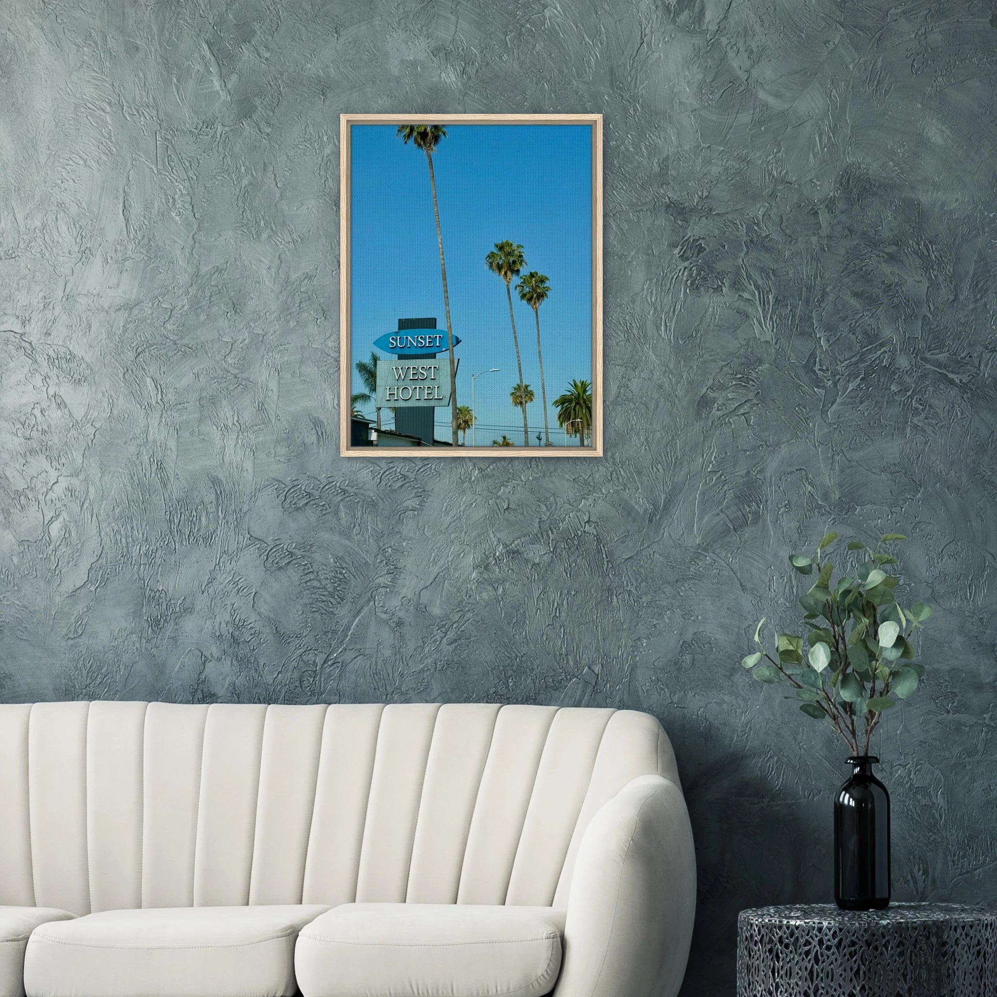 Premium wooden framed canvas print of Sunset Boulevard West Hotel, celebrity style California art, studio edition, ideal for stylish décor.