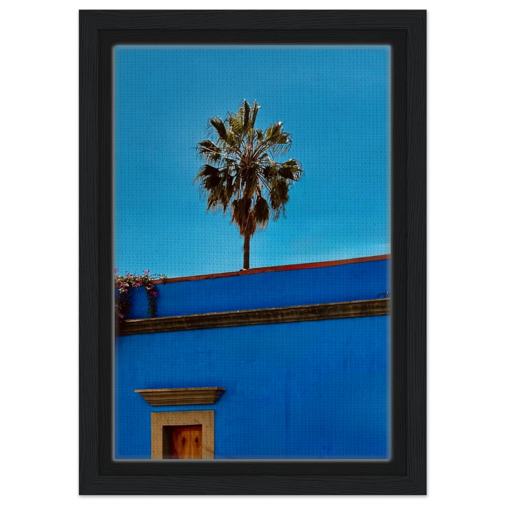 Oaxaca palm tree print on blue framed canvas wall art by CaliCuration, showcasing vibrant Mexican-inspired botanical imagery.