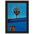 Oaxaca palm tree print on blue framed canvas wall art by CaliCuration, showcasing vibrant Mexican-inspired botanical imagery.