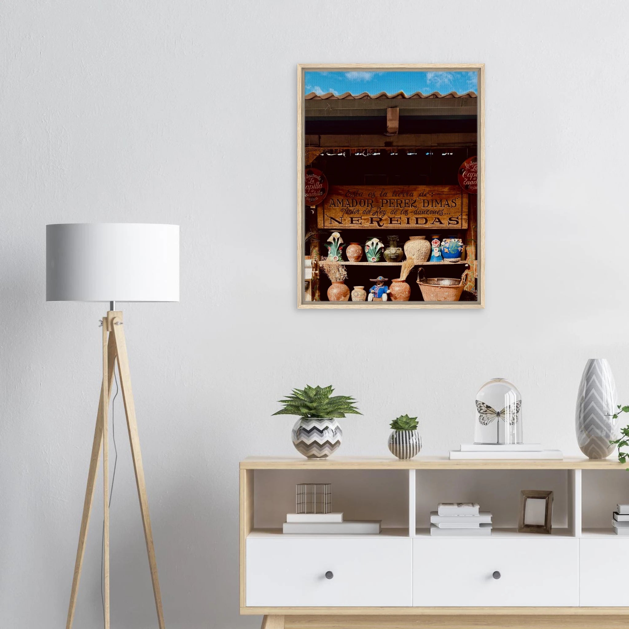 Framed canvas print of Oaxaca street fair scene from CaliCuration's Mexico travel collection, Studio Edition Spring 26, vibrant street scene.