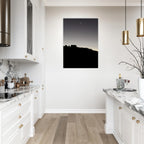 Black and white Hollywood Hills fall moon poster print in a wooden frame, semi-glossy finish, California art studio edition.