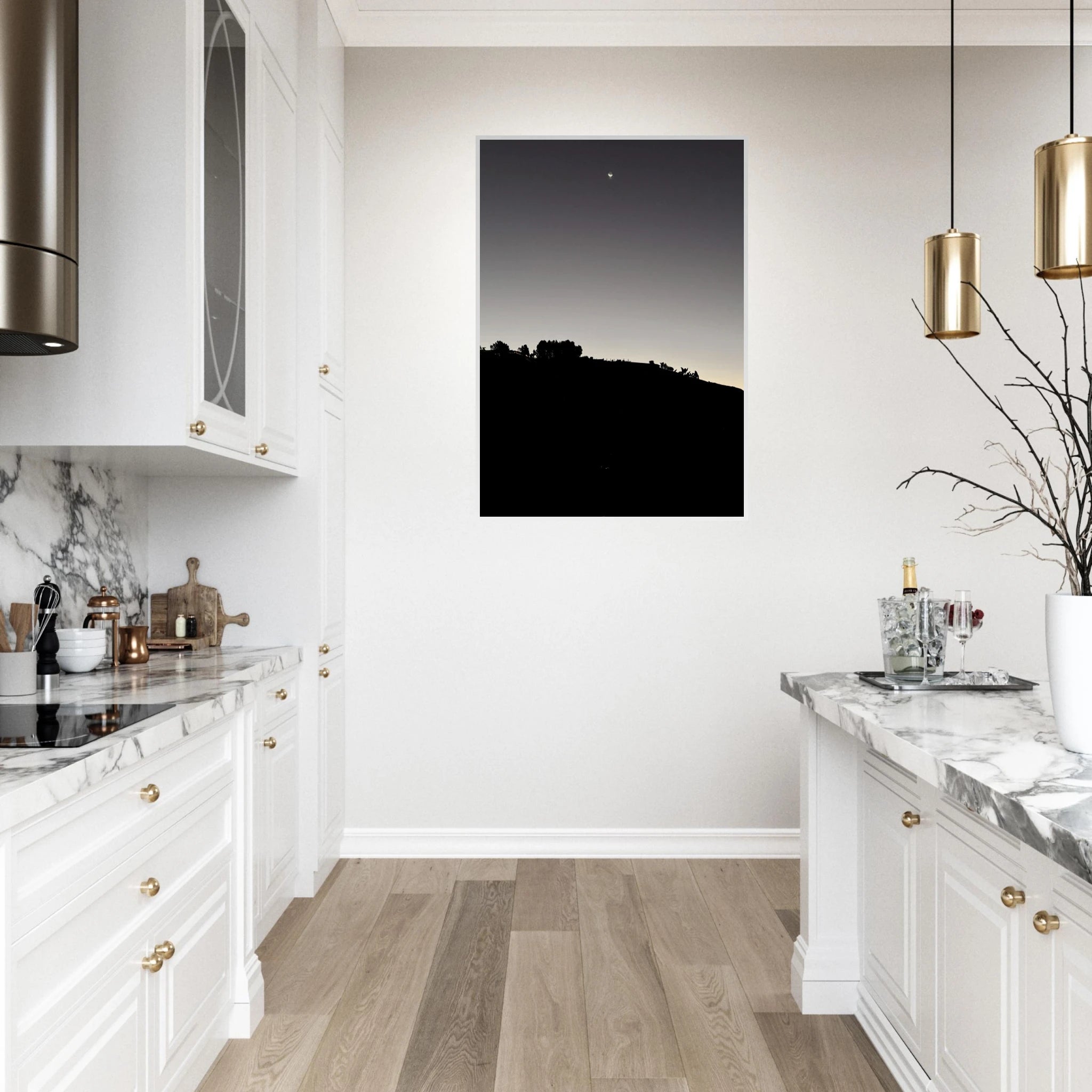 Black and white Hollywood Hills fall moon poster print in a wooden frame, semi-glossy finish, California art studio edition.