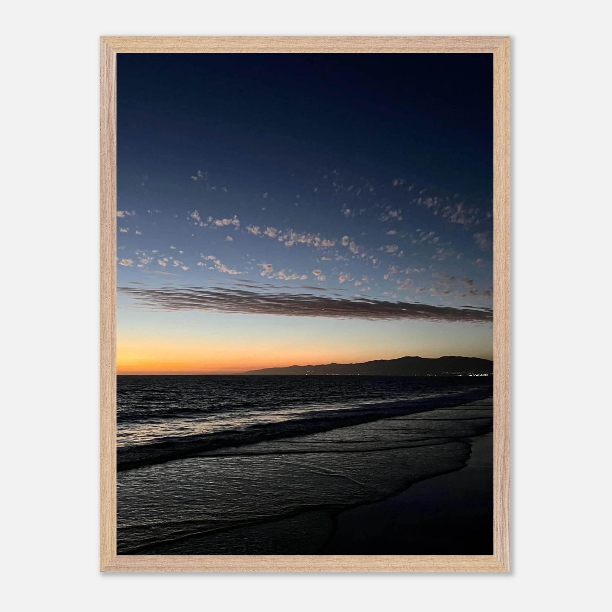 Premium wooden framed poster featuring vibrant SoCal fall sunset artwork, ideal for home décor, with a semi-glossy finish.