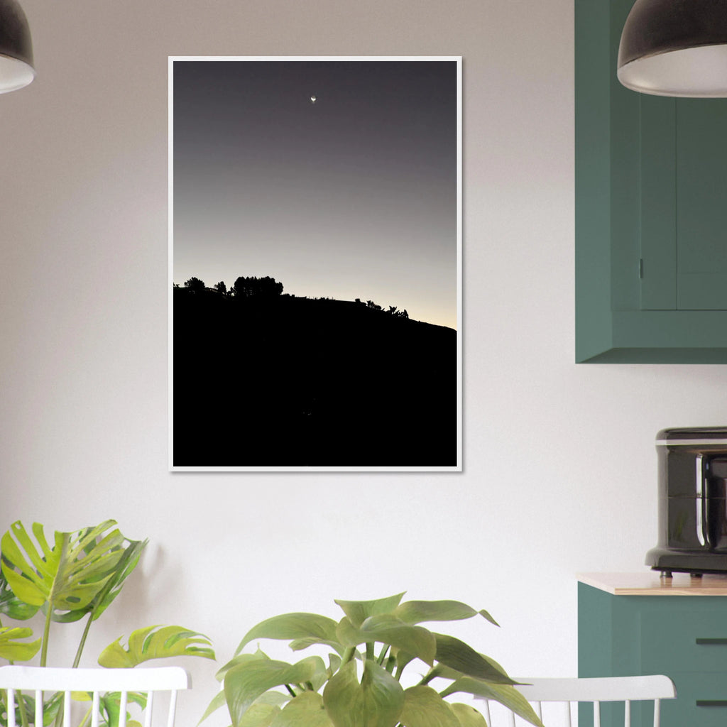 Black and white semi-glossy poster print featuring a fall moon over Hollywood Hills, framed in wood, from the California poster art series.