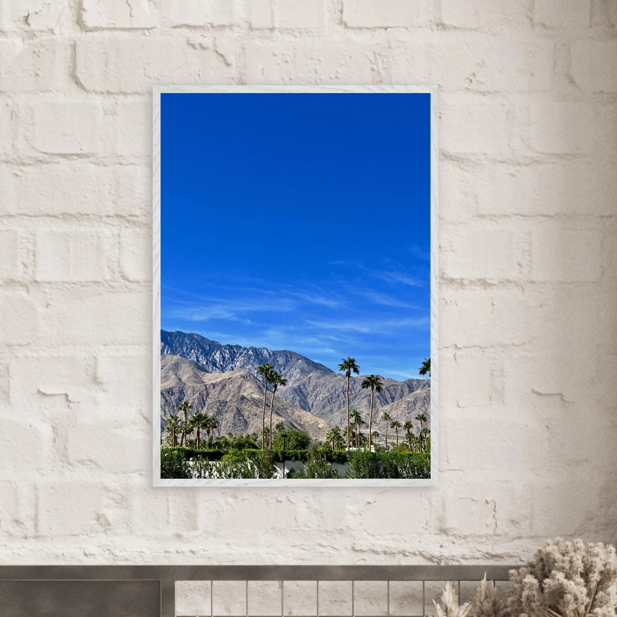 Premium wooden framed poster featuring a sunny fall day in Palm Springs California, showcasing vibrant autumn landscape art print.