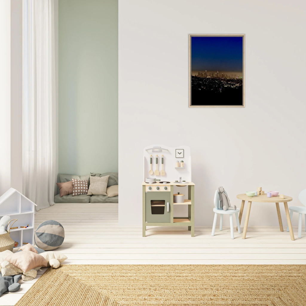 Premium wooden framed canvas print of Los Angeles Downtown Nightglow, elegant home wall art, California cityscape, studio edition.