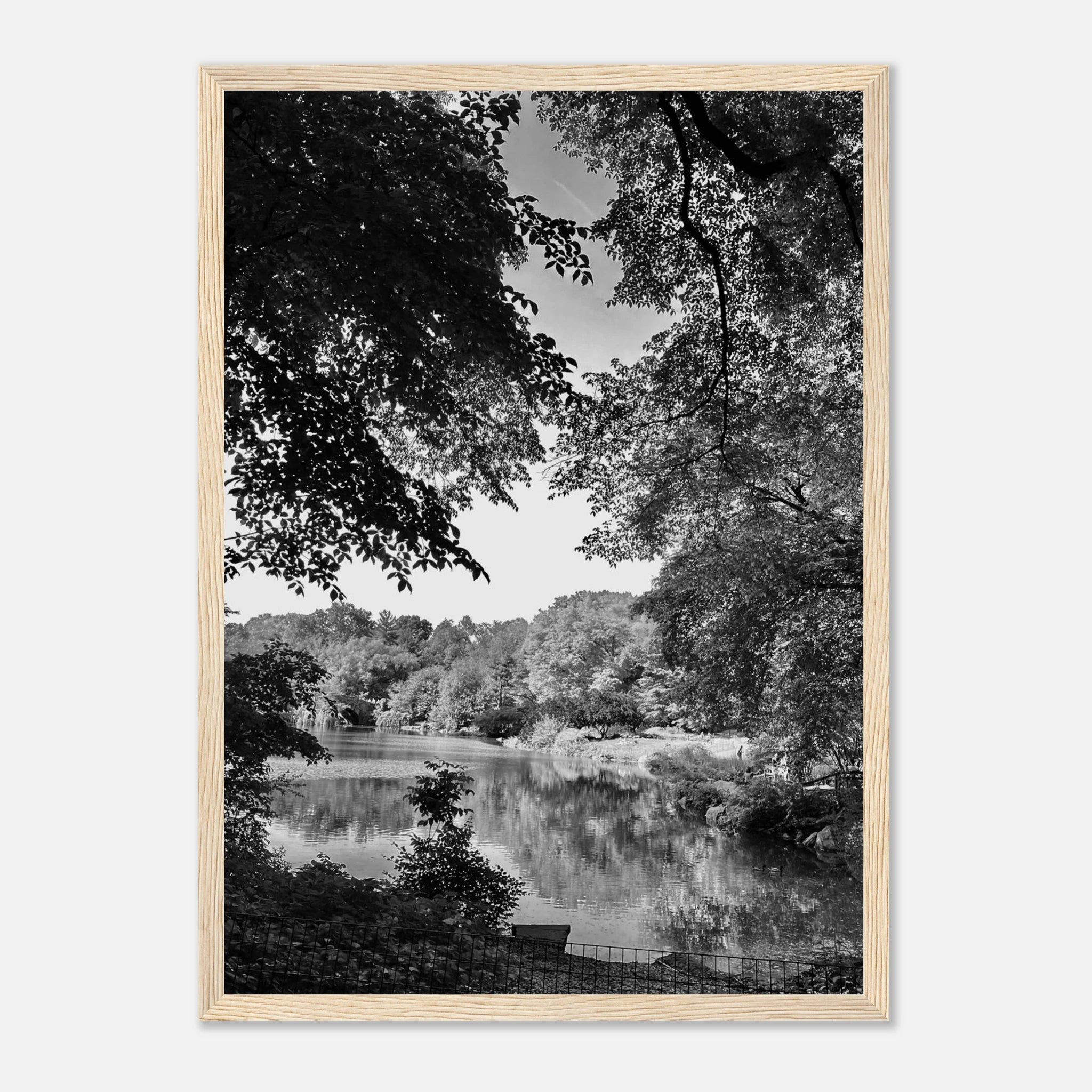 Black and white framed poster of Upstate NY summer lake scene from the Studio Edition Travel Collection, perfect for home decor.