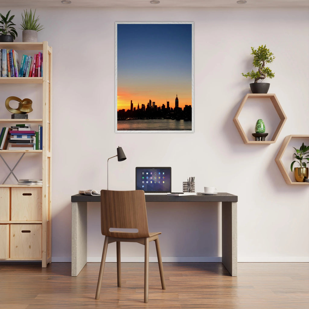 Premium wooden framed Manhattan skyline sunset poster, travel-themed wall art with vibrant colors and detailed cityscape design.