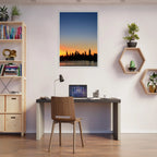 Premium wooden framed Manhattan skyline sunset poster, travel-themed wall art with vibrant colors and detailed cityscape design.