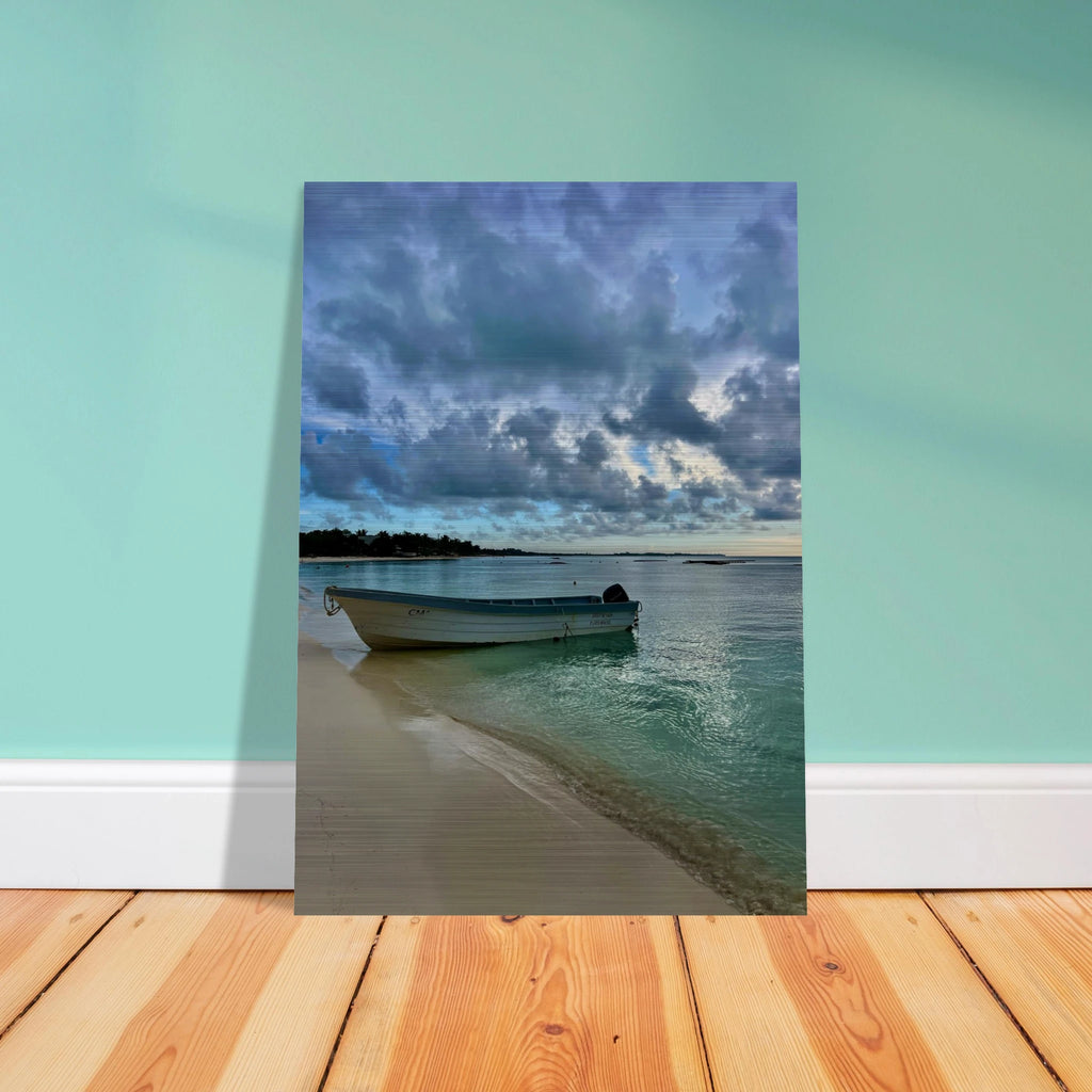 Brushed aluminum print of a tranquil Tulum fisherboat scene from CaliCuration's Calm Caribbean Beach Art travel collection.
