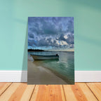 Brushed aluminum print of a tranquil Tulum fisherboat scene from CaliCuration's Calm Caribbean Beach Art travel collection.