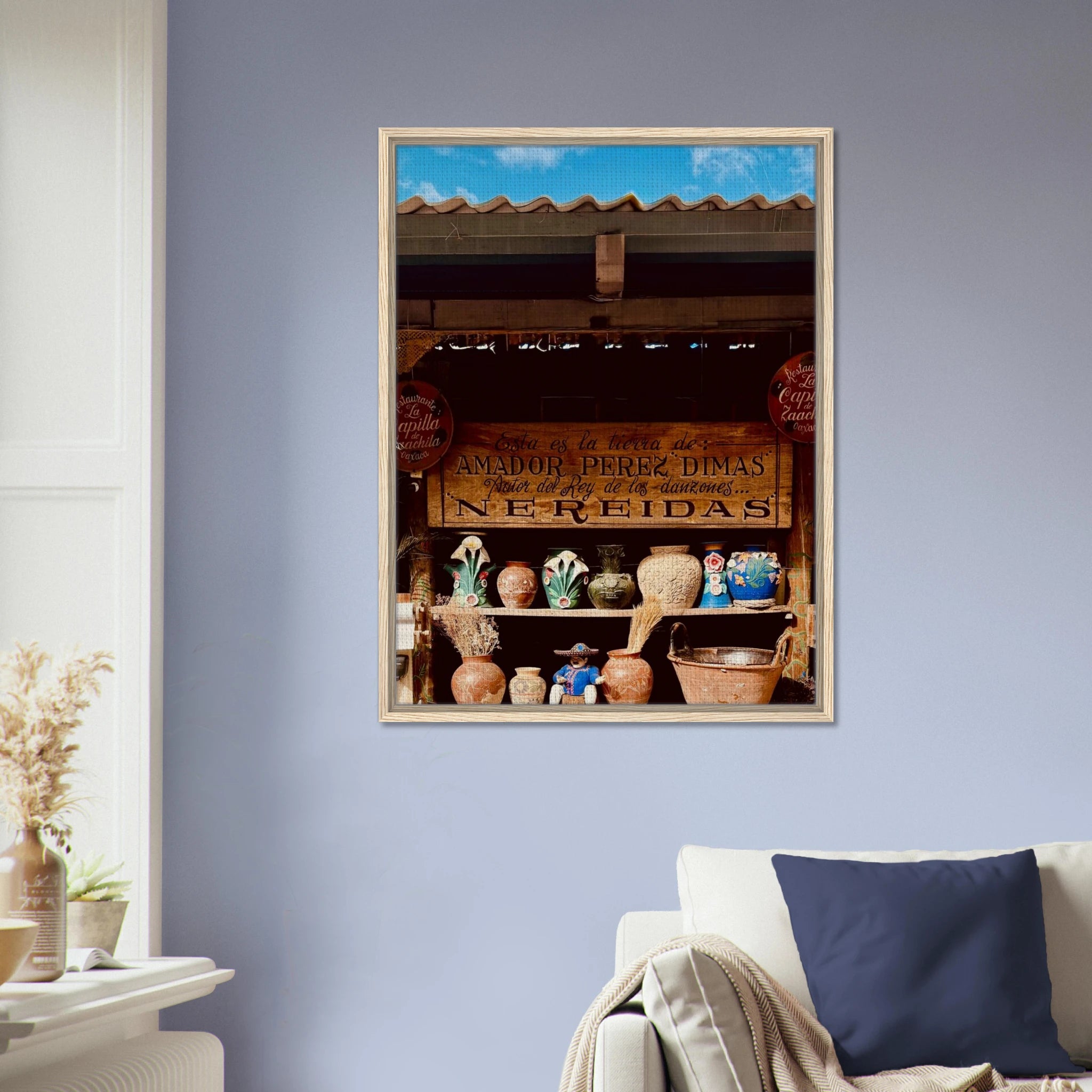 Oaxaca Street Fair framed canvas artwork from CaliCuration's Mexico travel collection, showcasing vibrant street scene and colorful festivities.