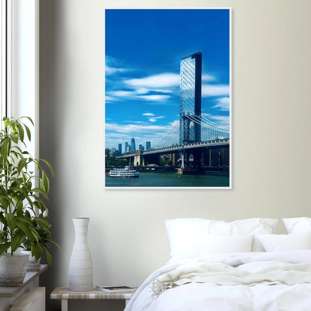 Framed NYC Manhattan Bridge and East River urban photography print, showcasing iconic New York City skyline and bridge details.