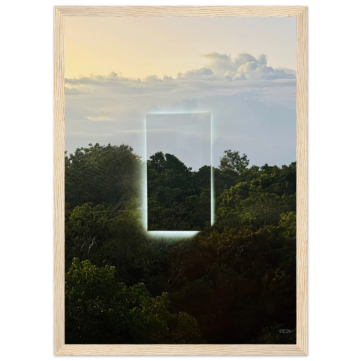 Color print titled "A Window into Jungle Stillness" by CaliCuration, featuring a serene jungle scene with lush greenery.