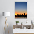 Wooden framed Manhattan skyline sunset poster featuring vibrant cityscape wall art from the Travel Collection.