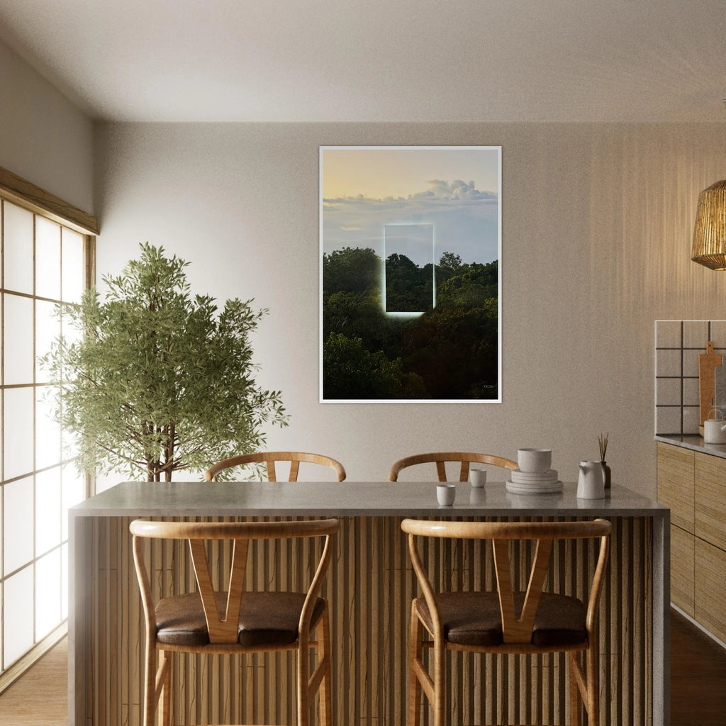 Color print of "A Window into Jungle Stillness" art by CaliCuration, depicting lush jungle scenery with vibrant colors.