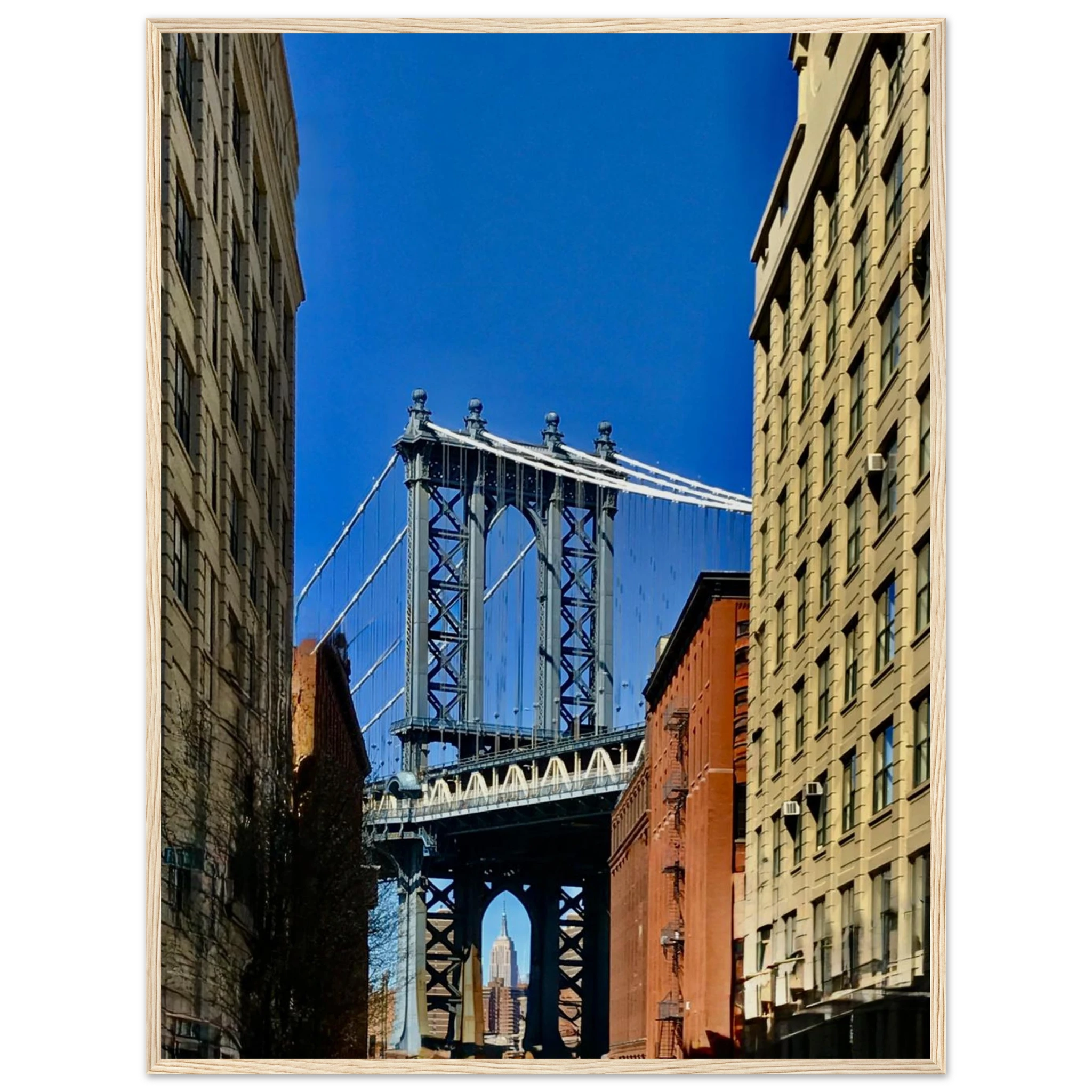NYC Dumbo skyline wooden framed print by CaliCuration, showcasing spring day travel-inspired wall art with vibrant cityscape details.