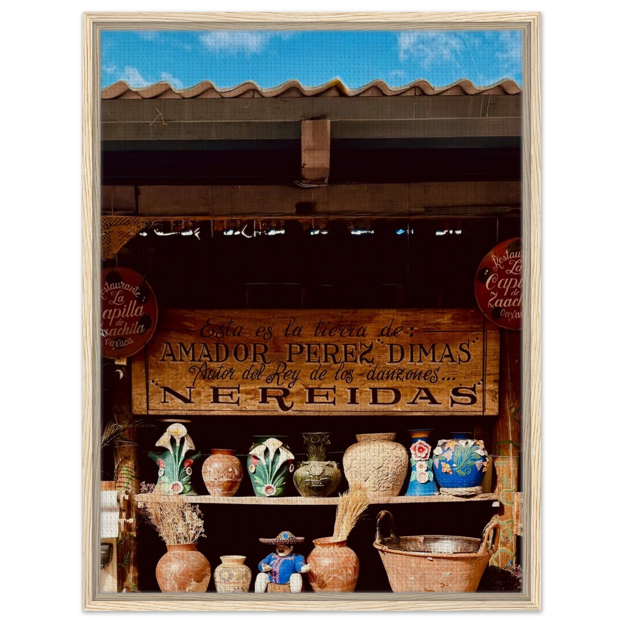 Framed canvas artwork of Oaxaca street fair from CaliCuration's Mexico travel collection, showcasing vibrant Mexican street scenes.