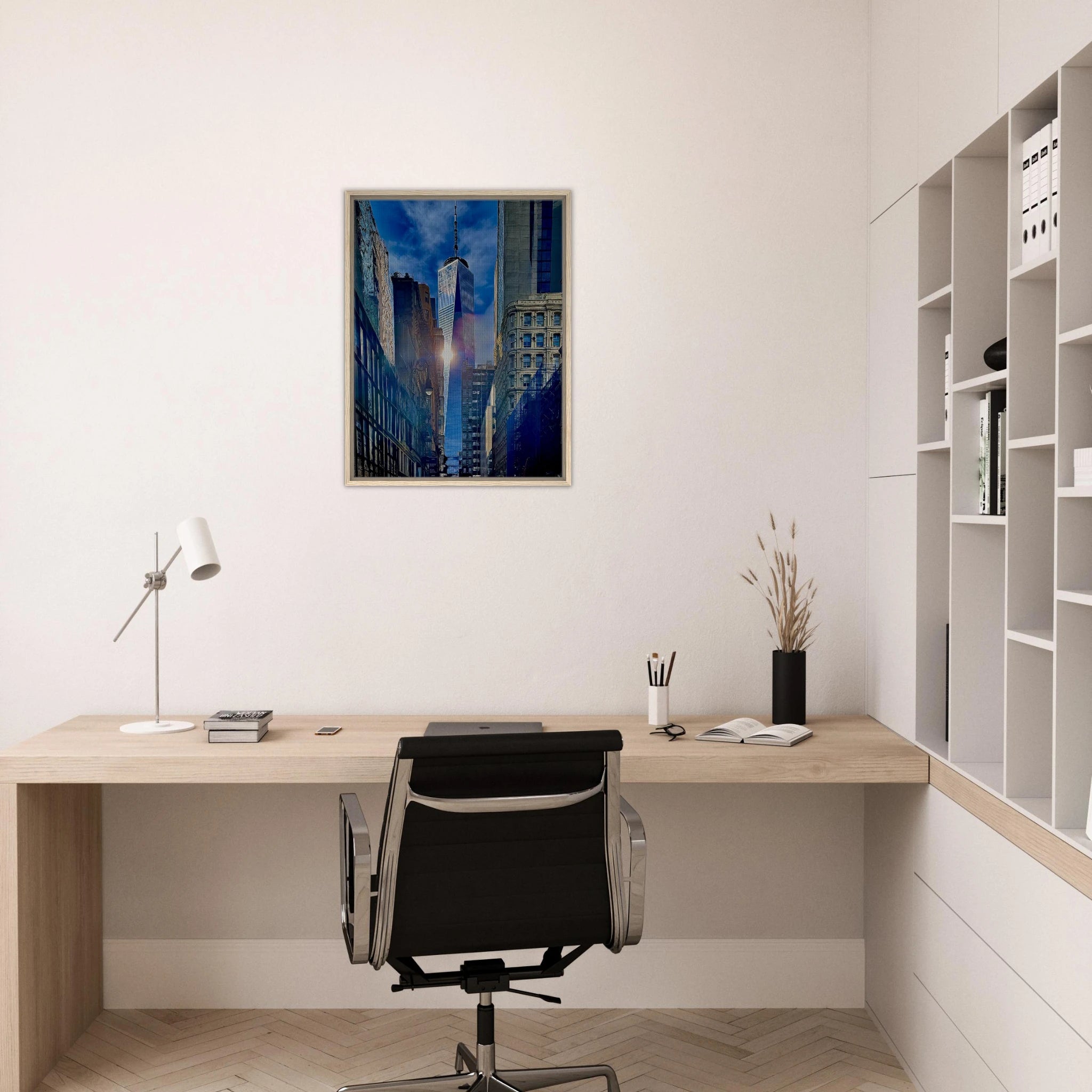 Framed canvas print of sunlight reflecting on One World Trade Center in NYC from the Travel Collection, Studio Edition.