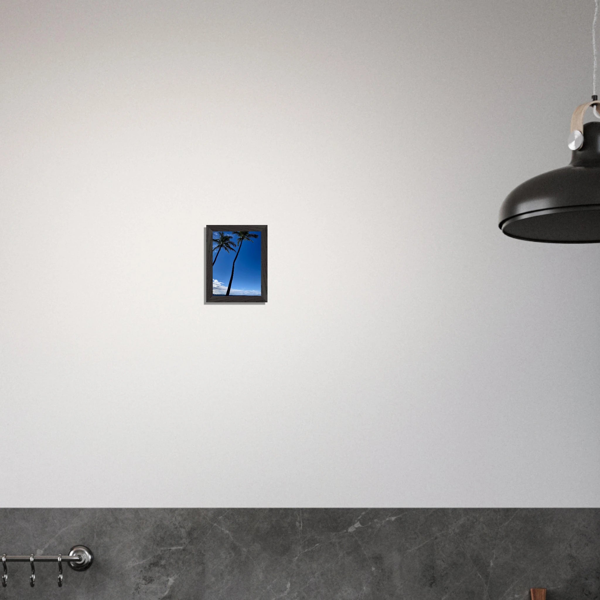 Framed Hawaii travel poster featuring iconic palm tree twins and Pacific waves, printed on high-quality material by CaliCuration