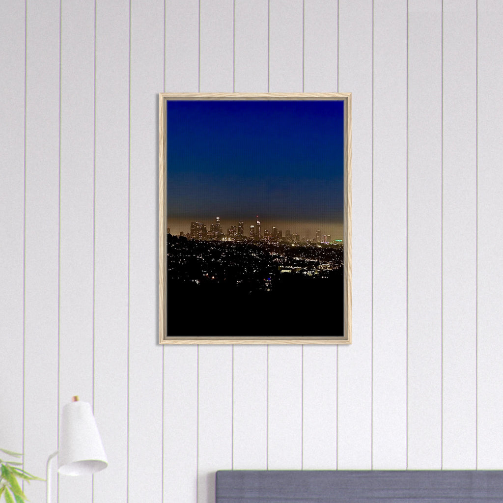 Premium wooden framed canvas print of Los Angeles Downtown Nightglow, showcasing vibrant cityscape art for elegant home decor.