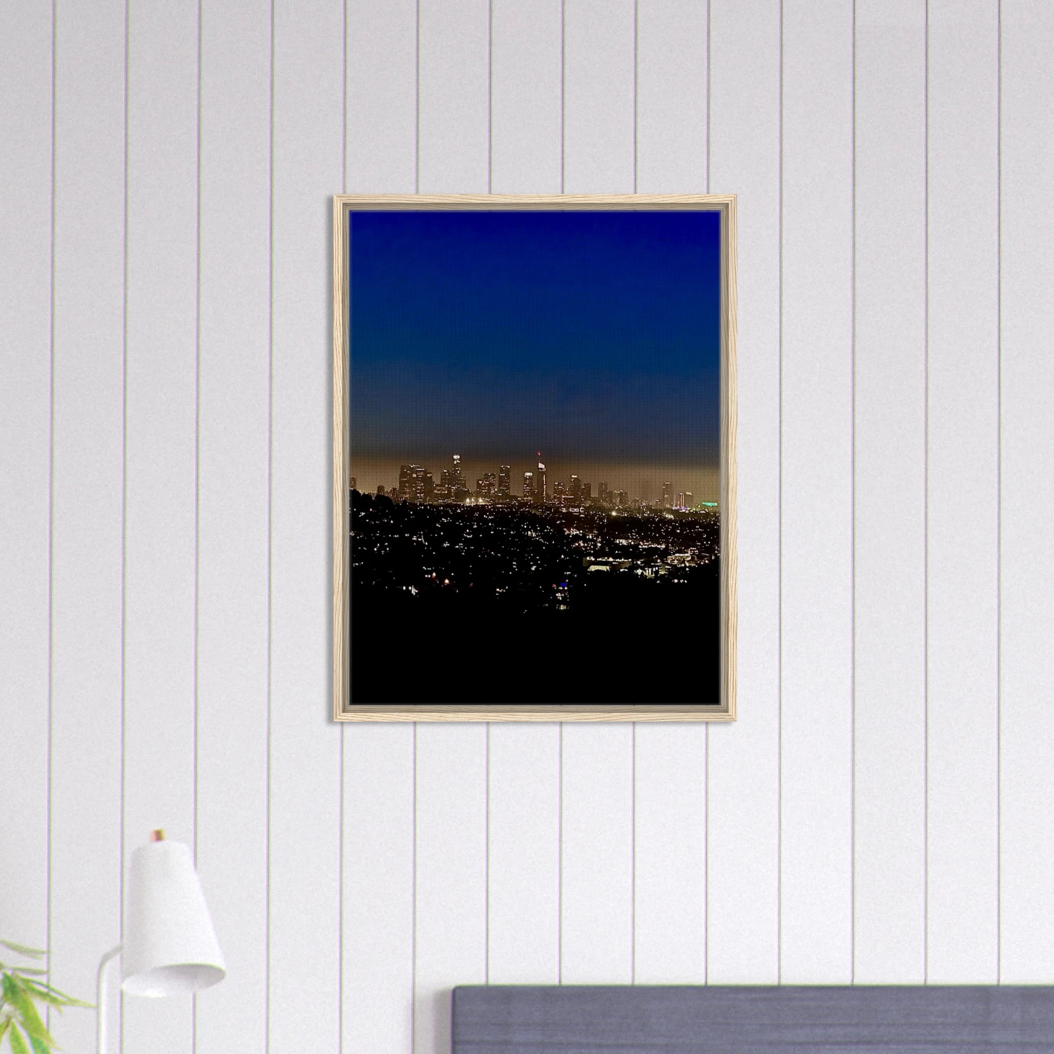 Premium wooden framed canvas print of Los Angeles Downtown Nightglow, showcasing vibrant cityscape art for elegant home decor.