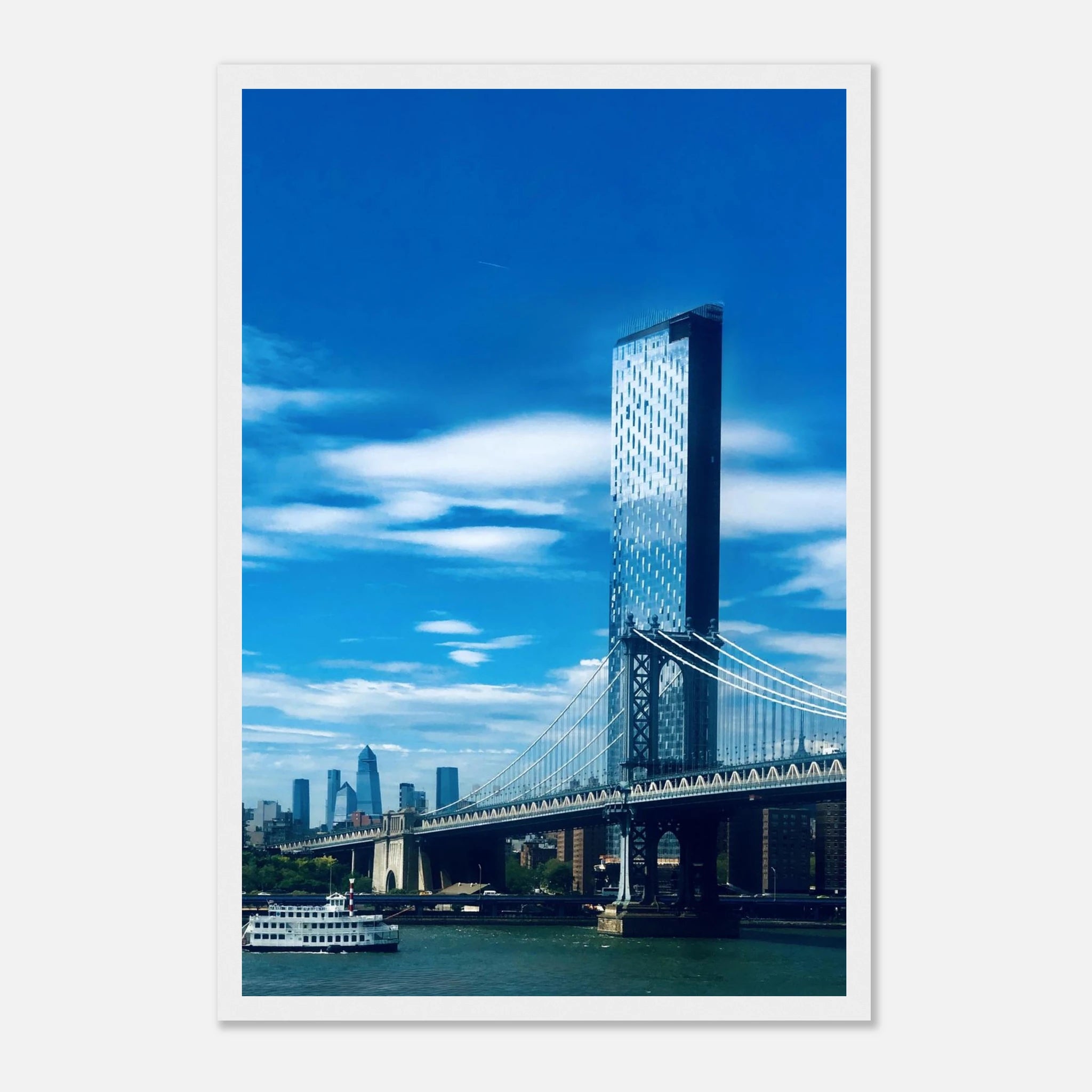 Framed NYC Manhattan Bridge and East River urban photography poster print, Studio Edition, showcasing iconic New York City skyline views.