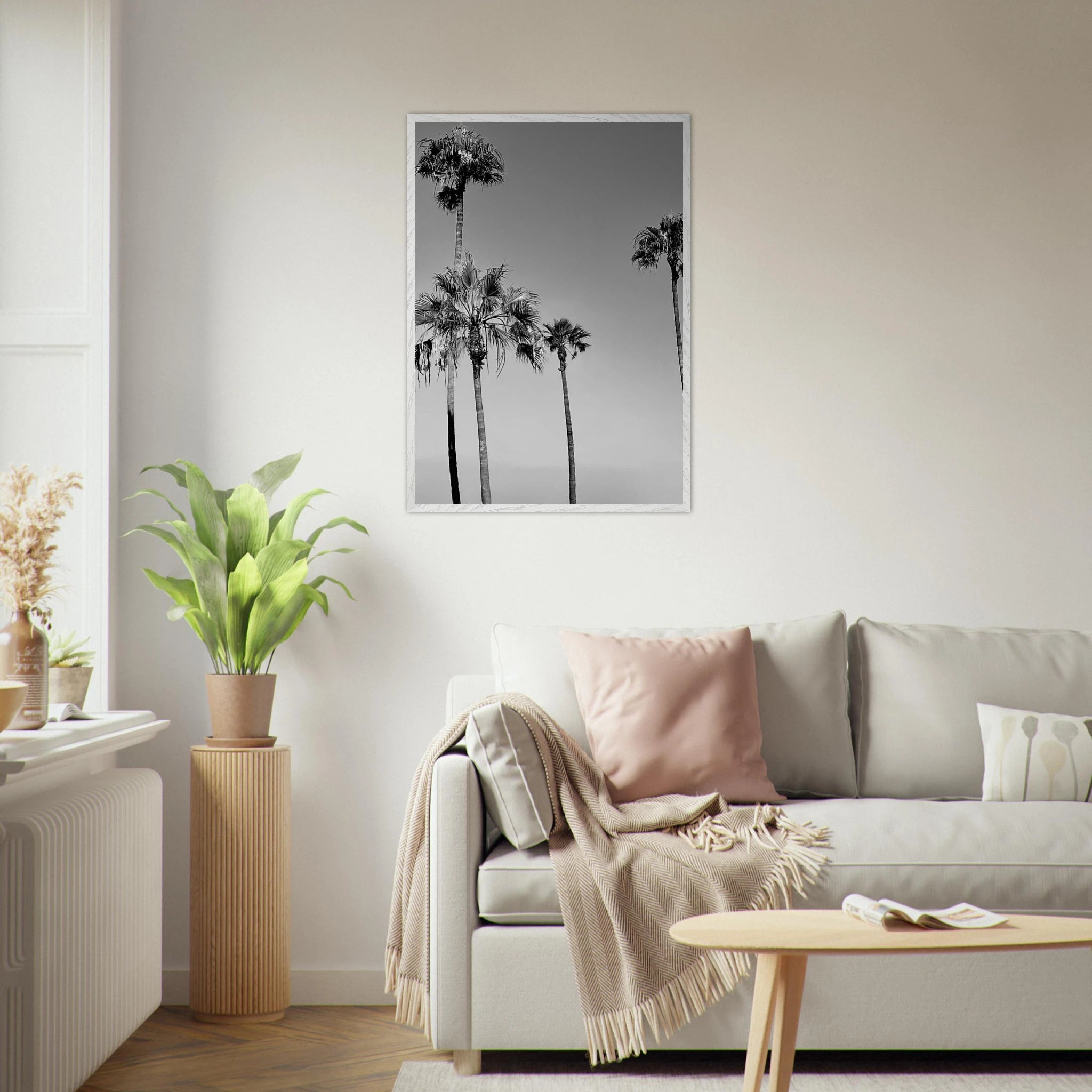 Black and white California beach icons poster in a premium wooden frame, showcasing SoCal vibes in stylish art design.