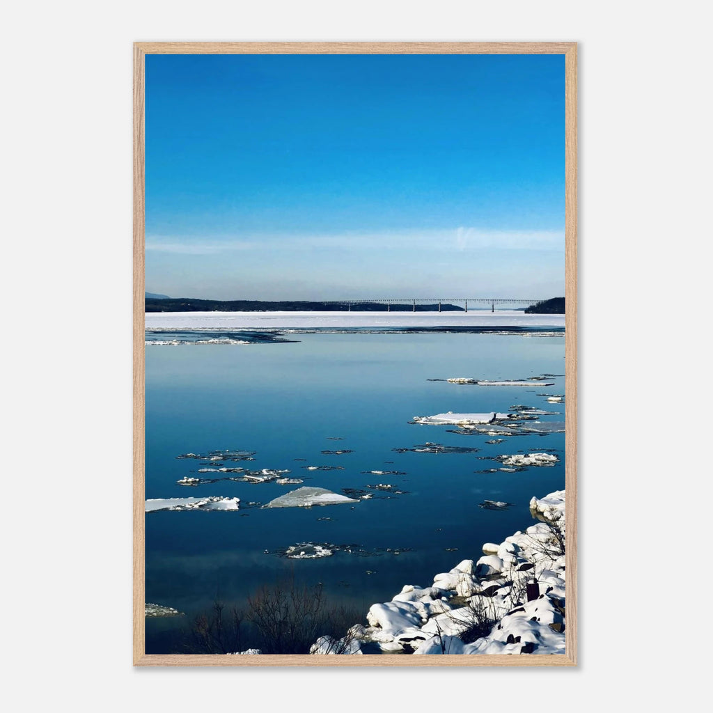 Premium wooden framed Hudson Valley winter poster print showcasing snowy landscape, part of the Studio Edition travel collection.