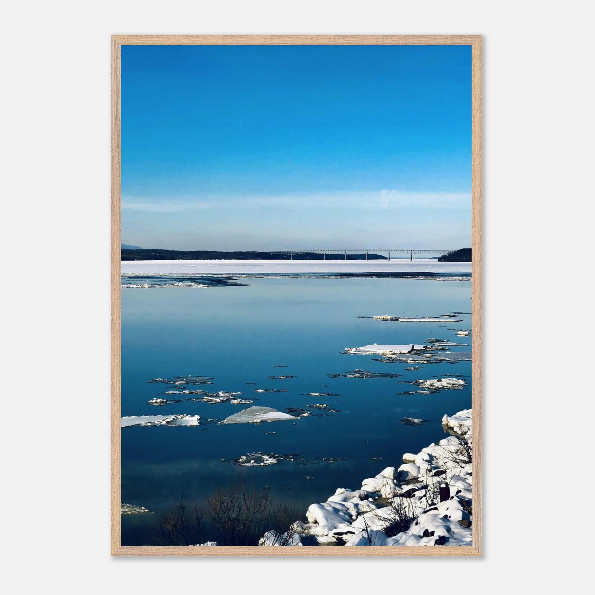Premium wooden framed Hudson Valley winter poster print showcasing snowy landscape, part of the Studio Edition travel collection.