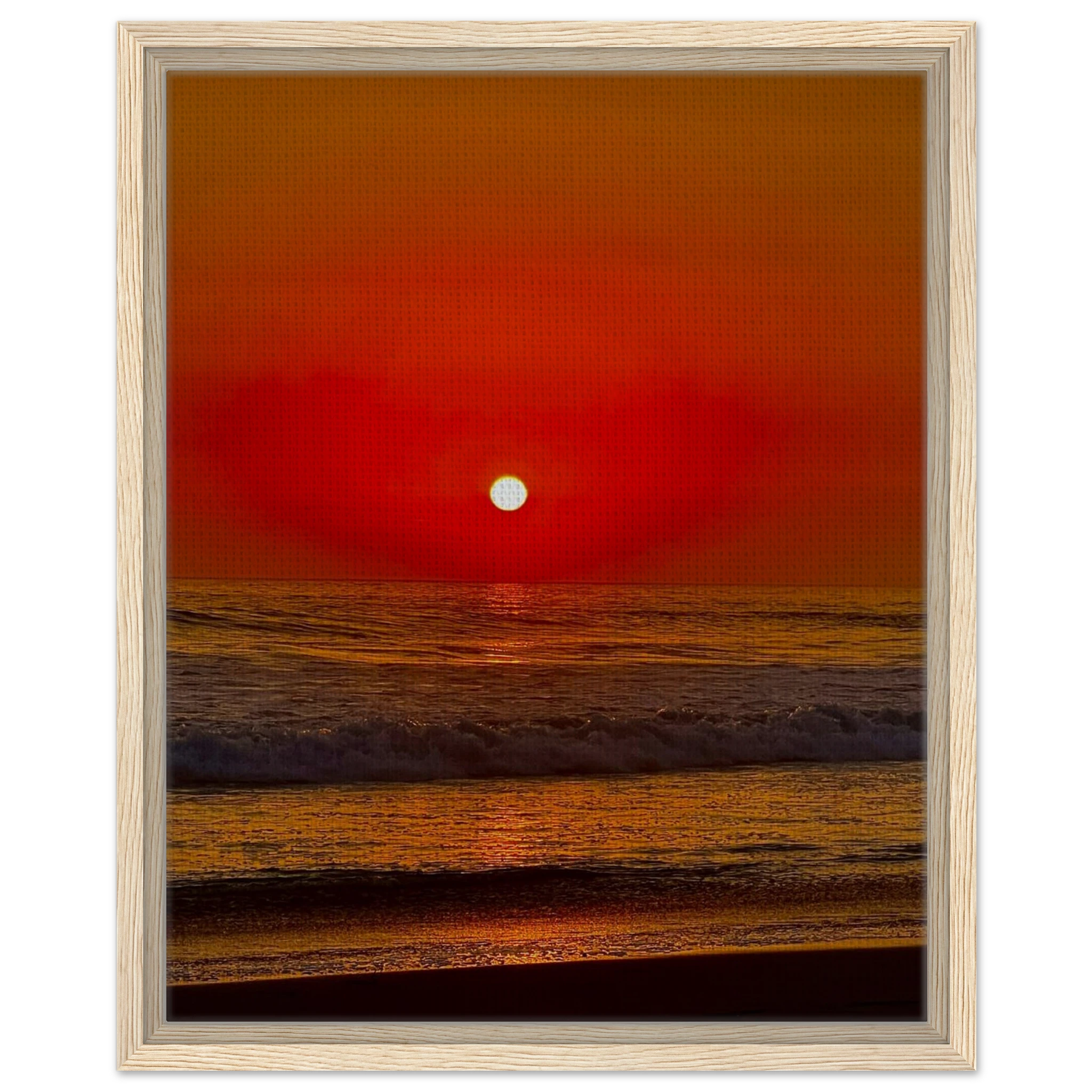 Framed canvas print of California Red Sunset Series 2/3 by CaliCuration, featuring vibrant red sunset hues in a studio edition.