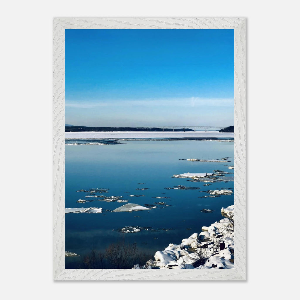 Wooden framed Hudson Valley winter poster print with snowy scenery, part of the Studio Edition holiday travel collection.