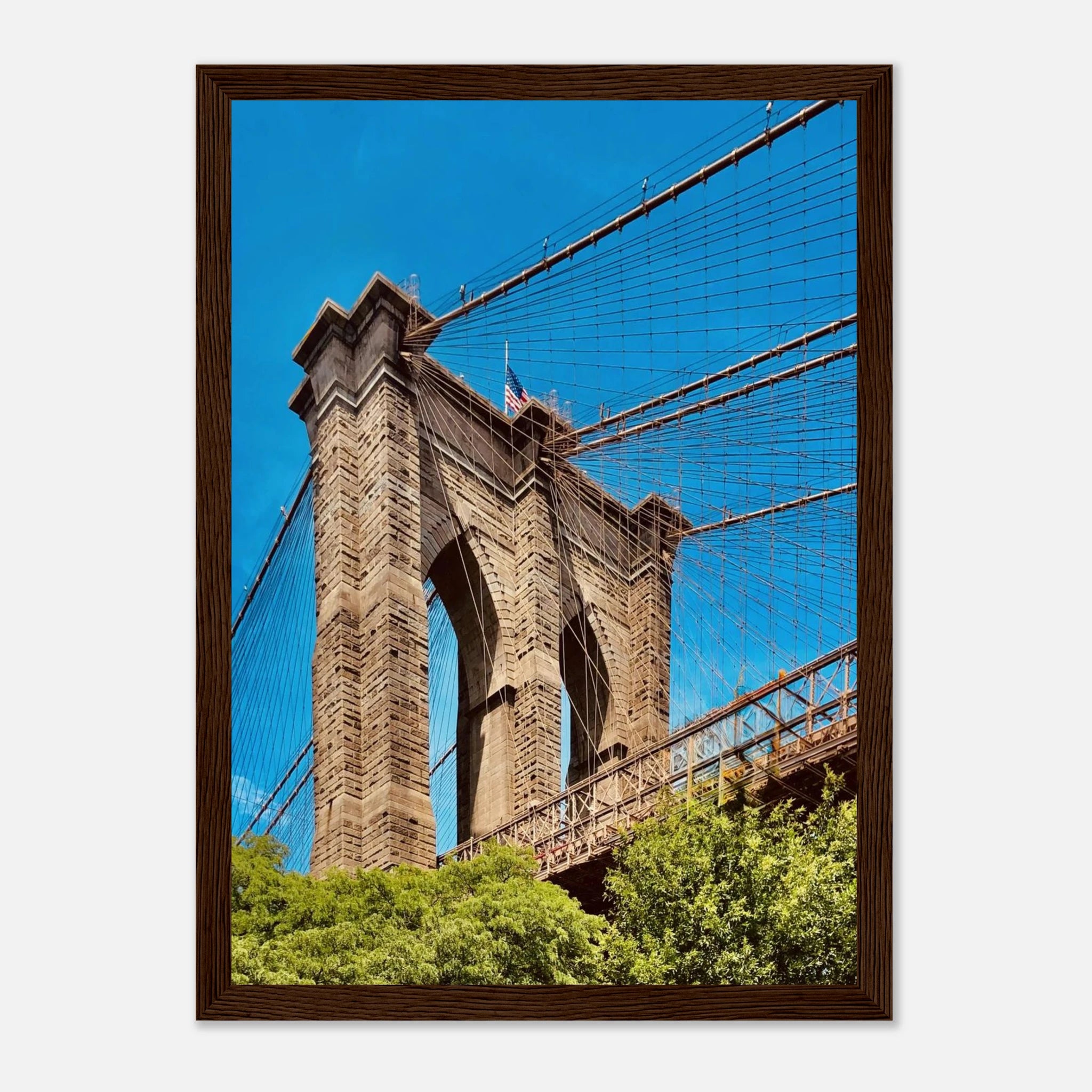 Framed print of NYC Brooklyn Bridge with Dumbo view, part of the Studio Edition travel collection, showcasing iconic New York City scenery.