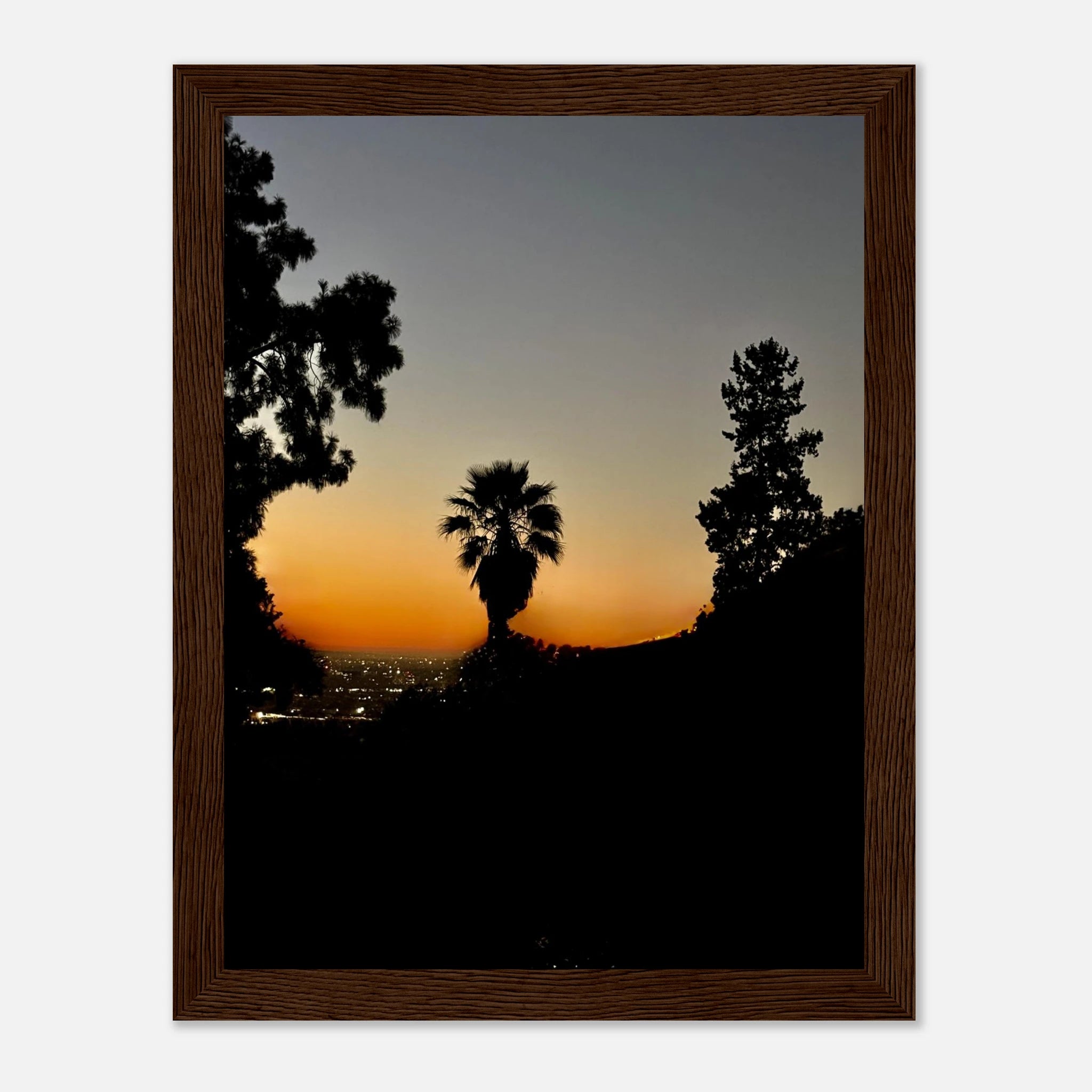 Winter Sunset Laurel Canyon Hollywood Hills framed poster featuring California landscape art with vibrant sunset colors and scenic mountain views.