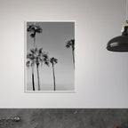 Premium black and white California poster art in a wooden frame, featuring SoCal beach icons, semi-glossy finish.
