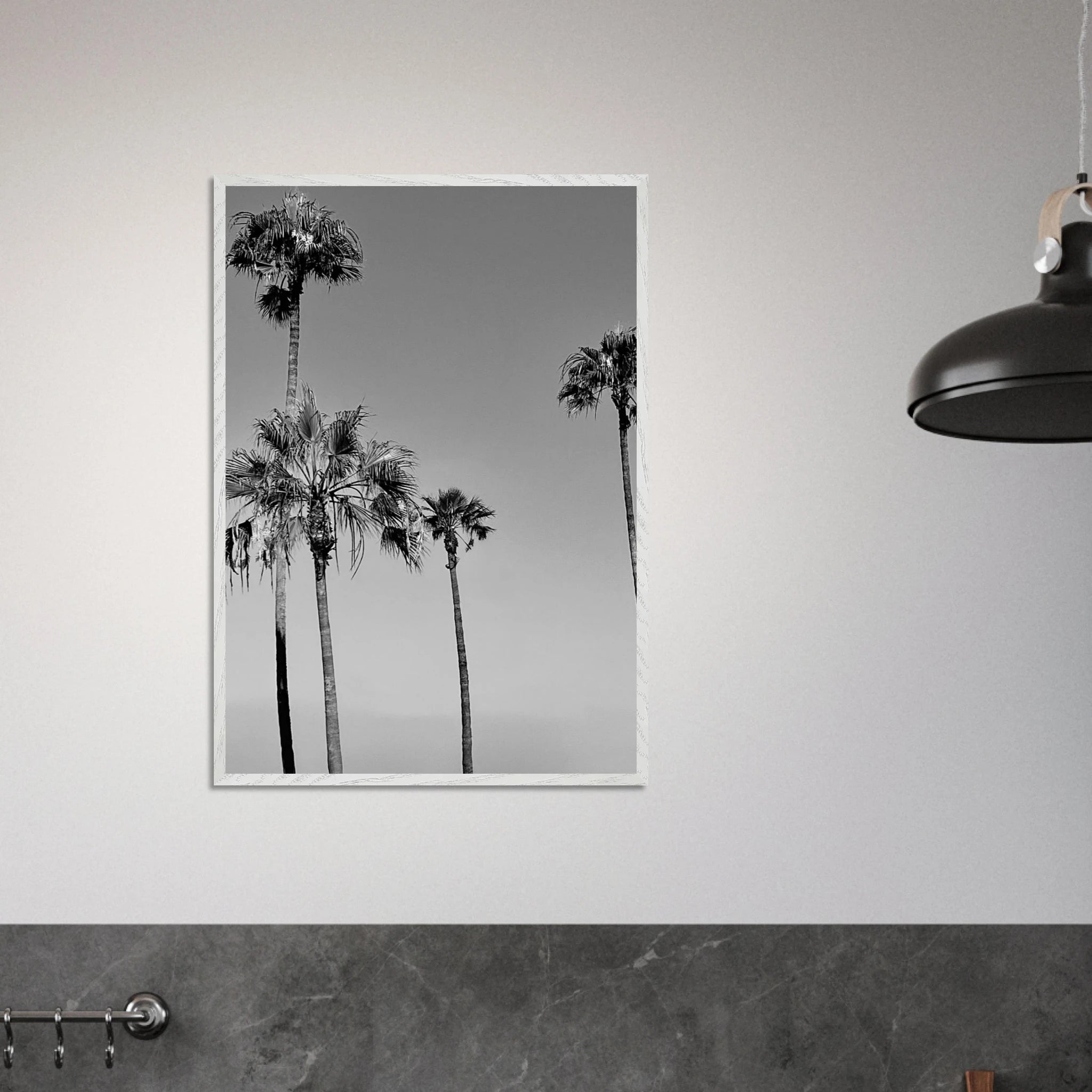Premium black and white California poster art in a wooden frame, featuring SoCal beach icons, semi-glossy finish.