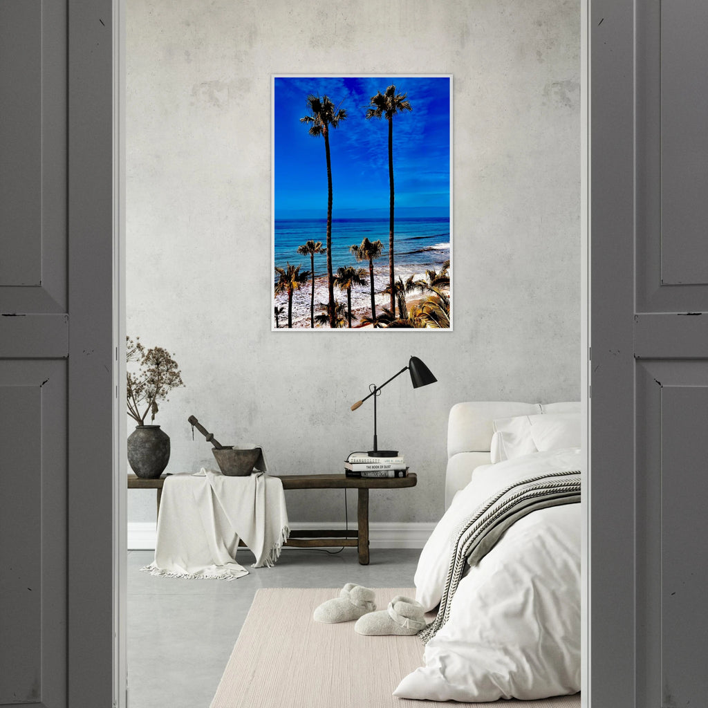 Calicuration Malibu Palm Tree Family framed poster, California art print on print material, spring '26 studio edition, vibrant beach scene