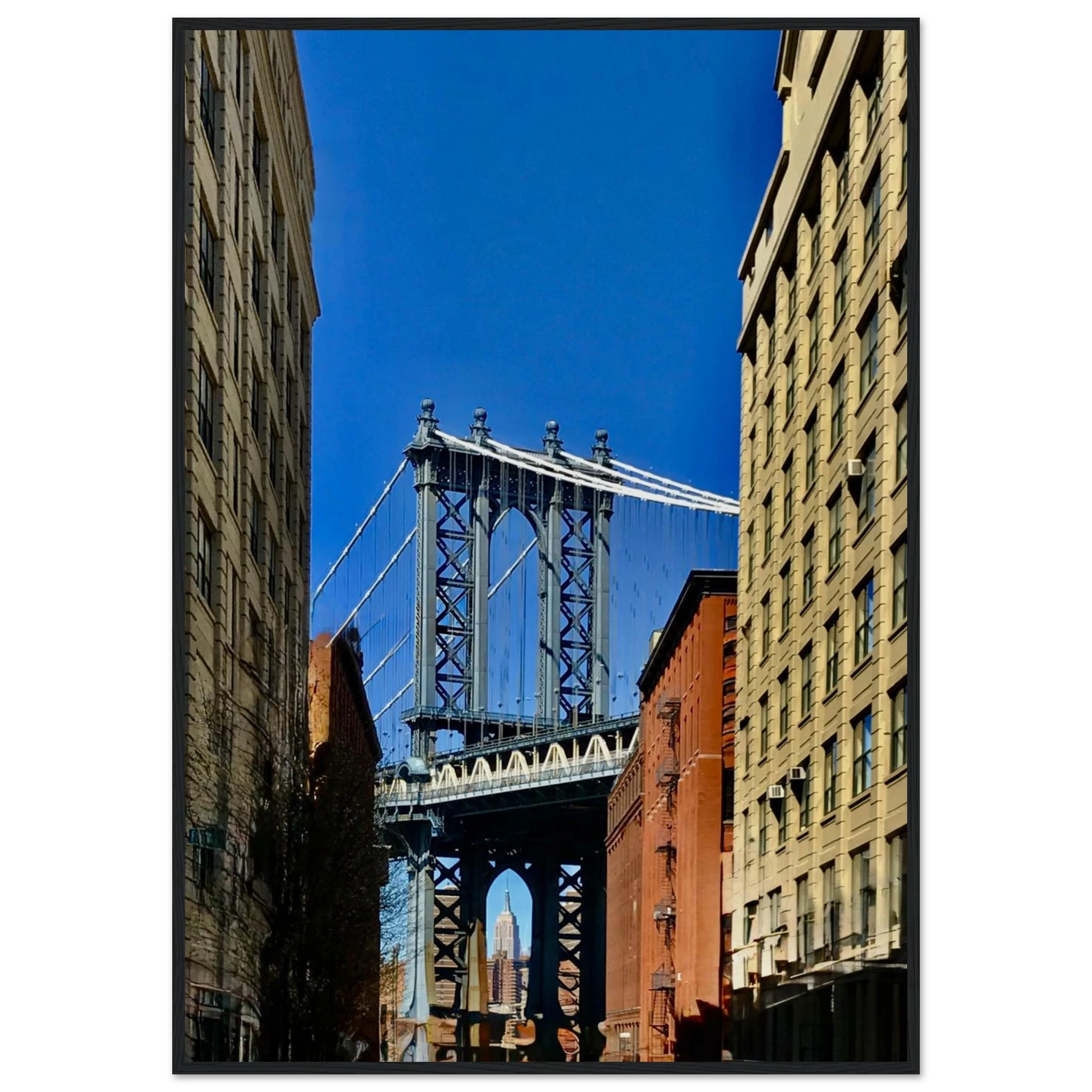 NYC Dumbo skyline wooden framed print by CaliCuration, featuring spring day travel wall art with vibrant cityscape details.