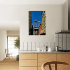 NYC Dumbo skyline wooden framed print by CaliCuration, showcasing spring day cityscape wall art from the Travel Collection.