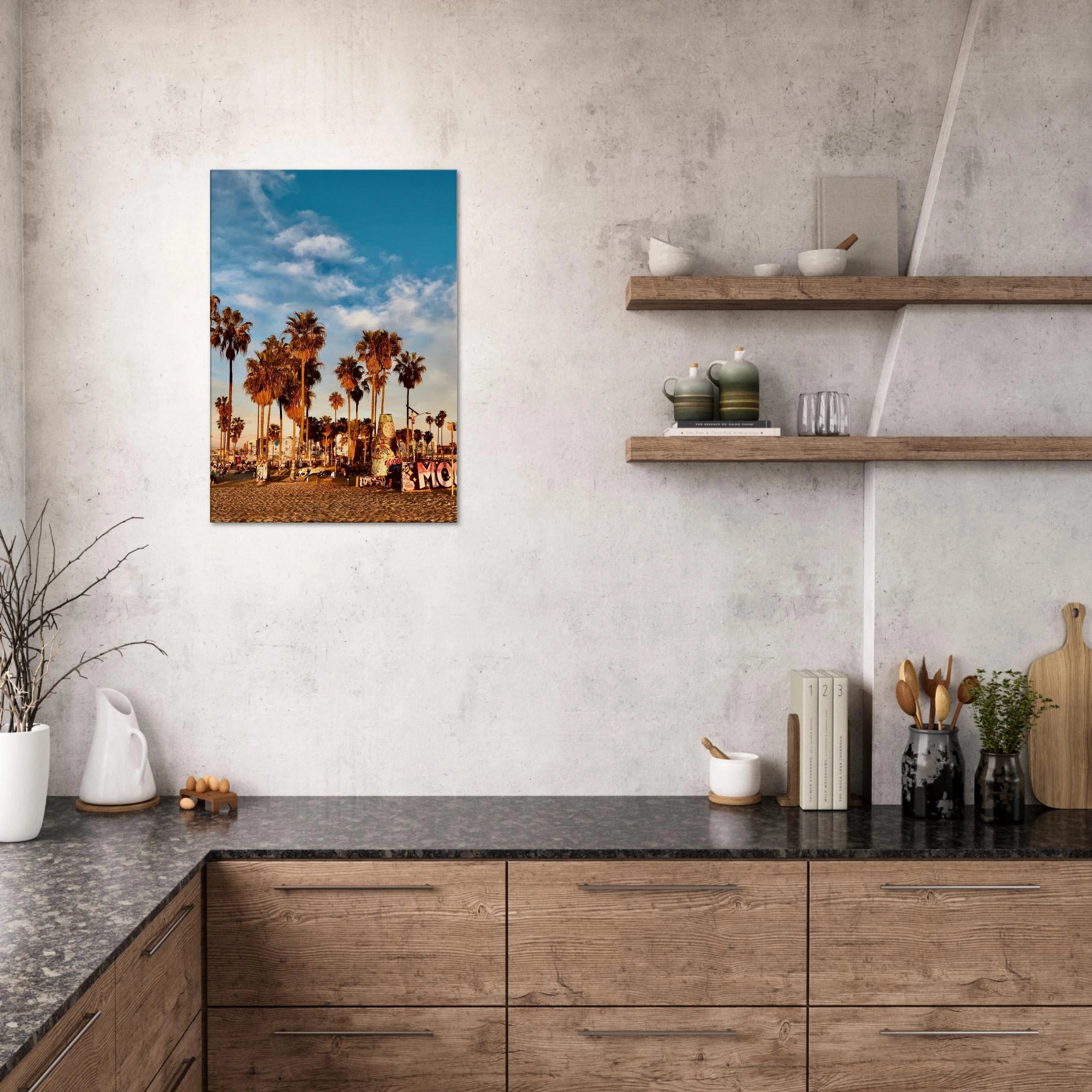 SoCal Beach canvas print featuring edgy palm trees and graffiti design, California-themed studio edition artwork.